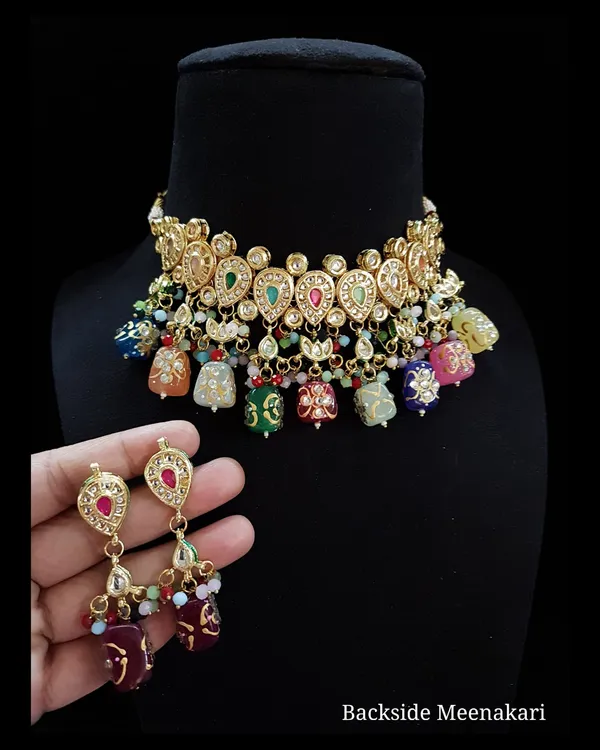 Brass__Choker_Kundan_Meena_Necklace_Set_and_Earrings