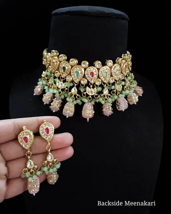 Brass__Choker_Kundan_Meena_Necklace_Set_and_Earrings