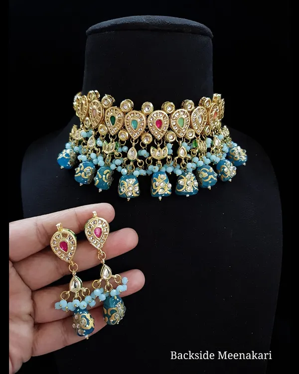 Brass__Choker_Kundan_Meena_Necklace_Set_and_Earrings