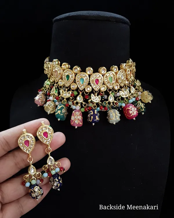 Brass__Choker_Kundan_Meena_Necklace_Set_and_Earrings