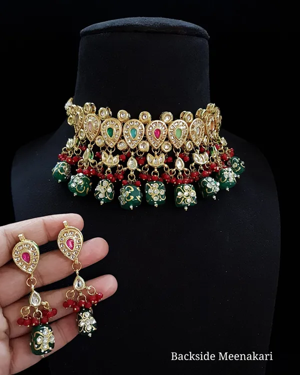 Brass__Choker_Kundan_Meena_Necklace_Set_and_Earrings