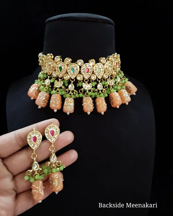 Brass__Choker_Kundan_Meena_Necklace_Set_and_Earrings