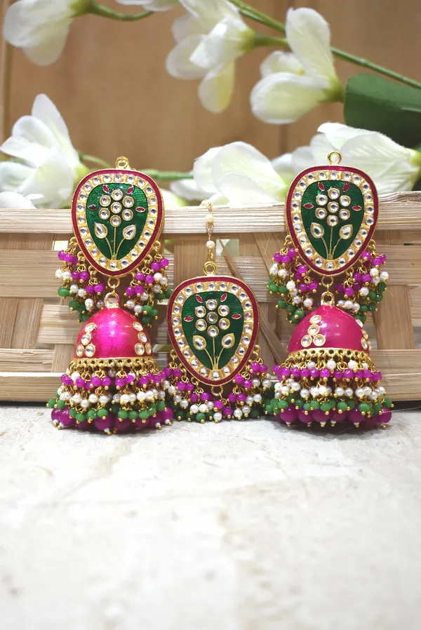 Hand_Made_Meenakari_Jhumka_Earring_with_Tikka