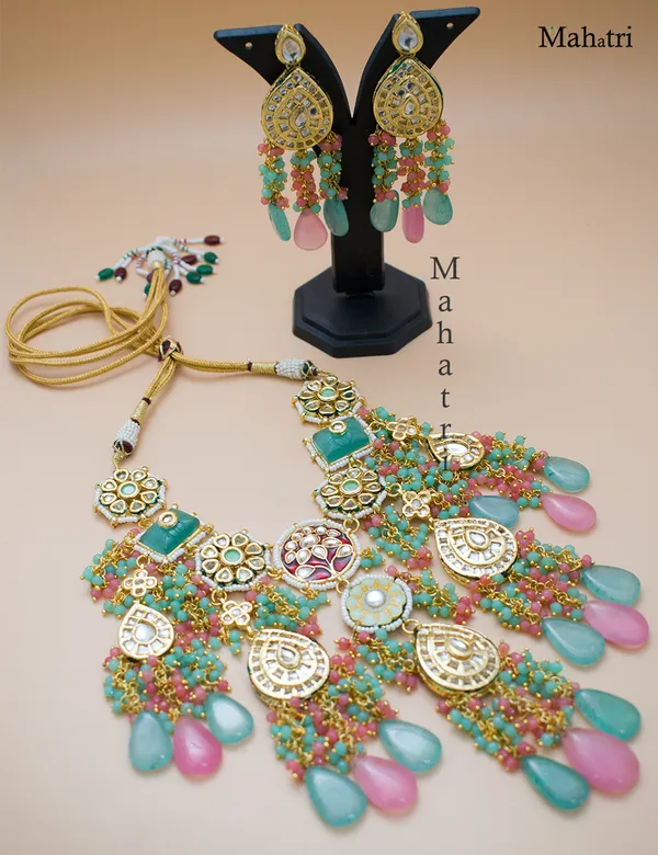 Premium_Bridal_Brass_Baby_Pink_Mint_Combination_Necklace_Set_with_Earring