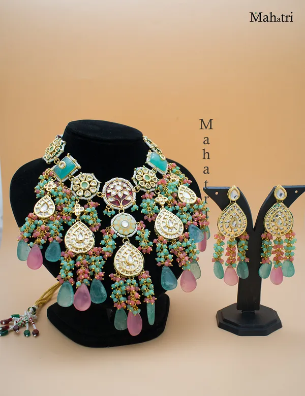Premium_Bridal_Brass_Baby_Pink_Mint_Combination_Necklace_Set_with_Earring