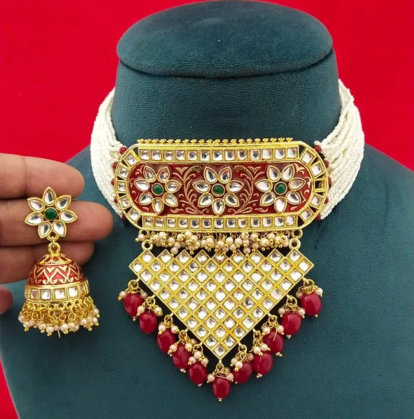 Hand_Made_Meenakari_Mahroon_Chic_Aad_Necklace_Set_and_Earrings_with_Jhumka