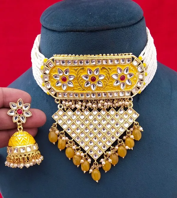 Hand_Made_Meenakari_Yellow_Chic_Aad_Necklace_Set_and_Earrings_with_Jhumka