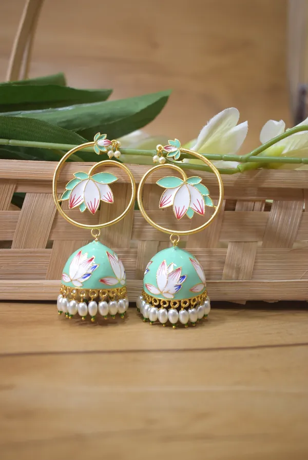 Mint_Long_Jhumka_Earring_with_Hand_made_Meenakari