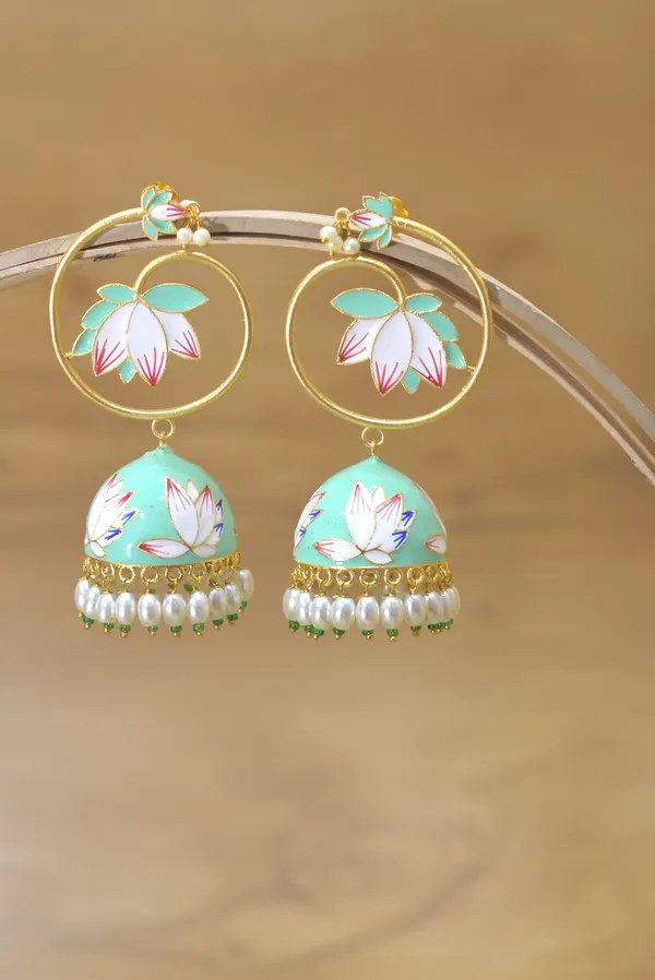 Mint_Long_Jhumka_Earring_with_Hand_made_Meenakari