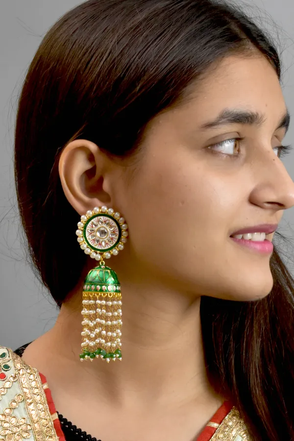 Quality_Beautiful_Hand_Crafted_Meena_Kari_Green_Long_Jhumka
