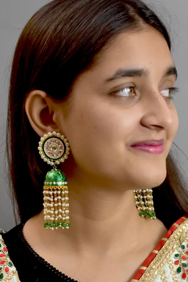 Quality_Beautiful_Hand_Crafted_Meena_Kari_Green_Long_Jhumka