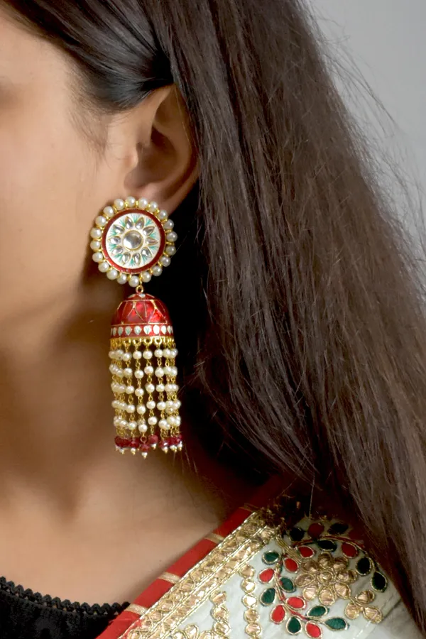 Quality_Beautiful_Hand_Crafted_Meena_Kari_Maroon_Dark_Red_Long_Jhumka