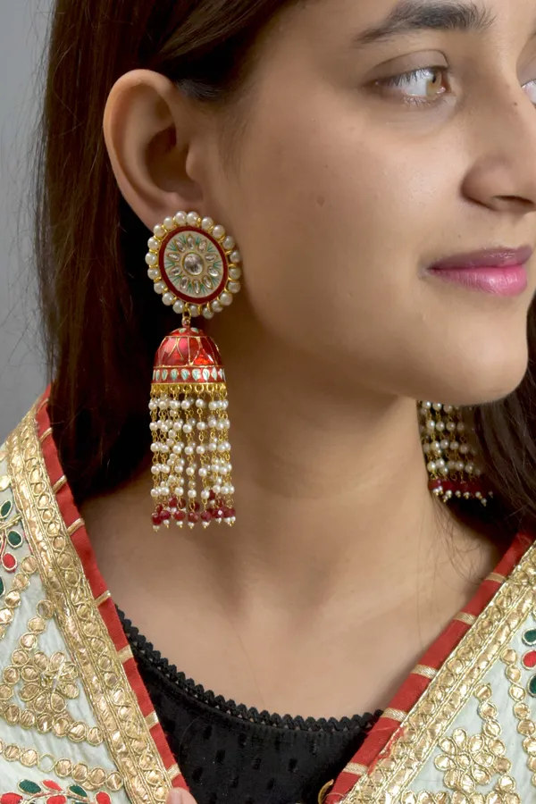 Quality_Beautiful_Hand_Crafted_Meena_Kari_Maroon_Dark_Red_Long_Jhumka