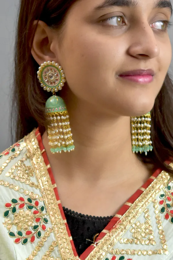 Quality_Beautiful_Hand_Crafted_Meena_Kari_Mint_Long_Jhumka