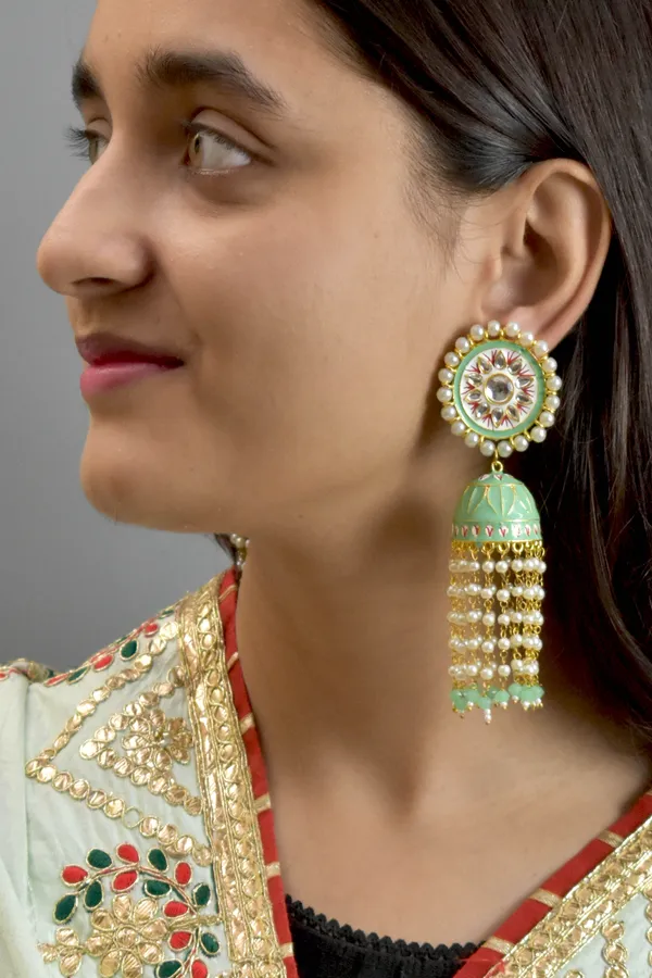 Quality_Beautiful_Hand_Crafted_Meena_Kari_Mint_Long_Jhumka