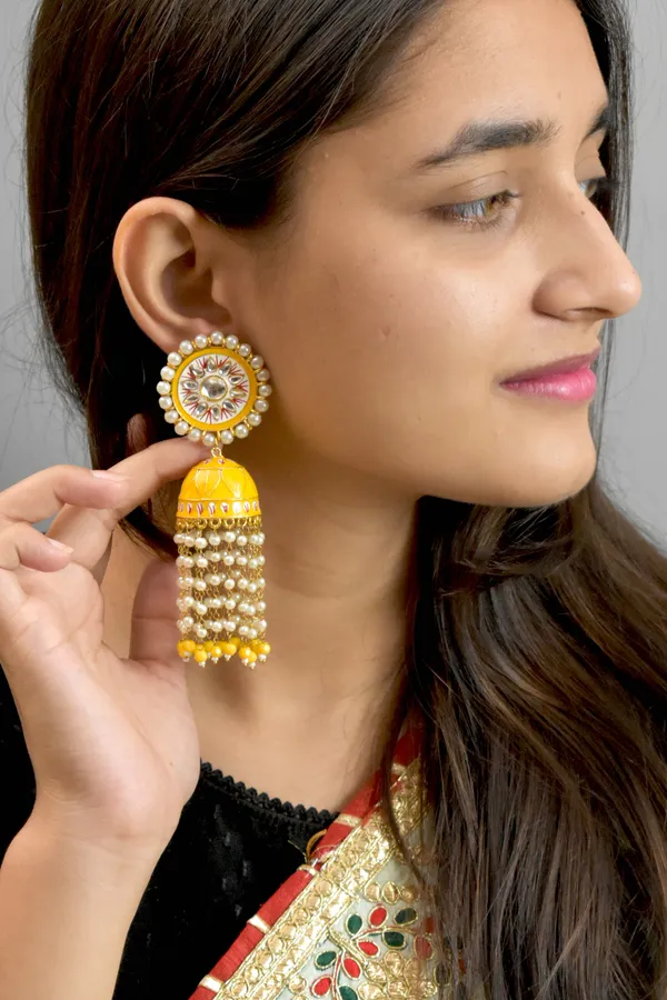 Quality_Beautiful_Hand_Crafted_Meena_Kari_Yellow_Long_Jhumka
