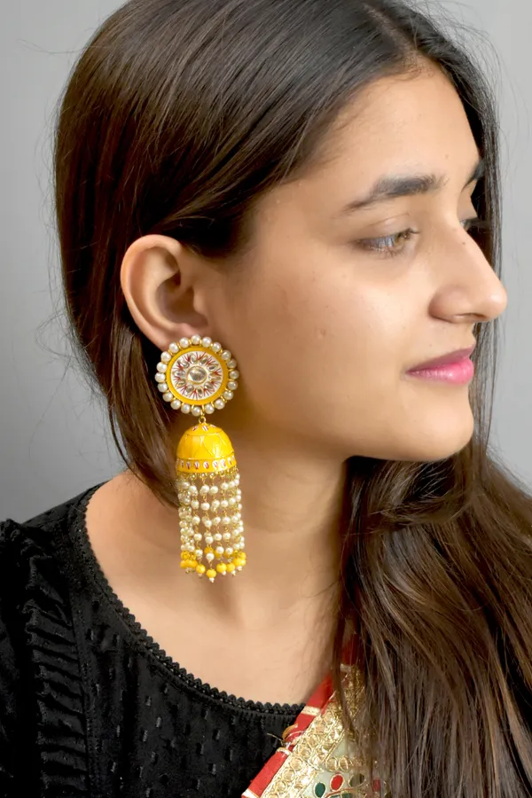 Quality_Beautiful_Hand_Crafted_Meena_Kari_Yellow_Long_Jhumka