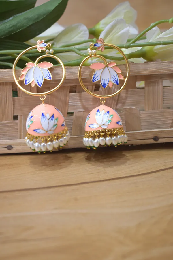 Quality_Peach_Long_Jhumka_Earring_with_Handmade_Meenakari