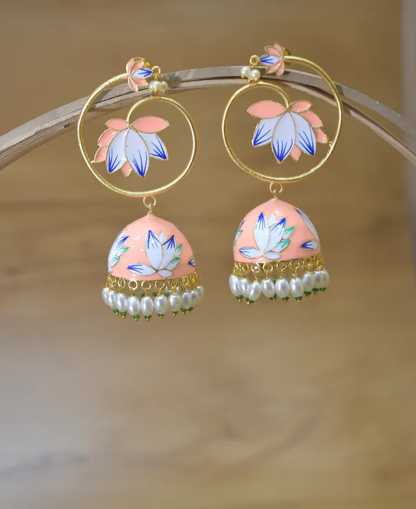 Quality_Peach_Long_Jhumka_Earring_with_Handmade_Meenakari