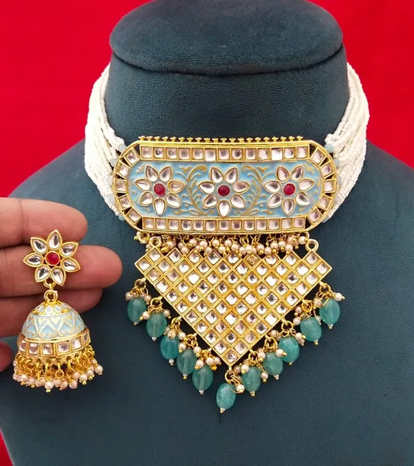Sky_Choker_Necklace_Set_and_Earrings_with_Jhumka_Earring