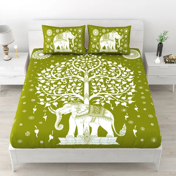 Jaipuri Chadar Green Rajasthani Elephant Printed Cotton Double Bed