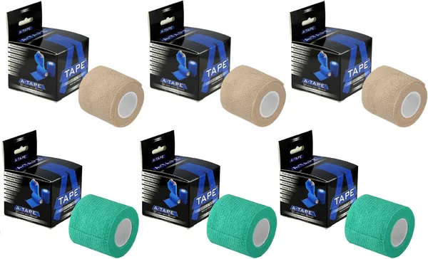A-TAPE_Breathable_Self_Adhesive_Cohesive_Bandage_�_for_Sports,_Wrap,_Athletic,_Non_Woven_First_Aid_Medical,_Wrist,_Swelling_(5_cm_X_4.5_mtr-_Pack_of_6)_Beige_&_Green_Cotton,_Crepe_Bandage