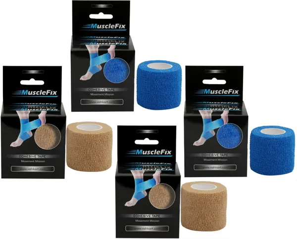 MuscleFix_Cohesive_Crepe_Bandage,_Self_Adhesive_Tape_(5_cm_X_4.5_m_Pack_of_4)_Beige_&_Blue_Crepe_Bandage_(5_cm)