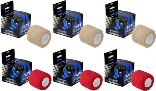A-TAPE_Breathable_Self_Adhesive_Cohesive_Bandage_�_for_Sports,_Wrap,_Athletic,_Non_Woven_First_Aid_Medical,_Wrist,_Swelling_(5_cm_X_4.5_mtr-_Pack_of_6)_Beige_&_Red_Cotton,_Crepe_Bandage_(5_cm)