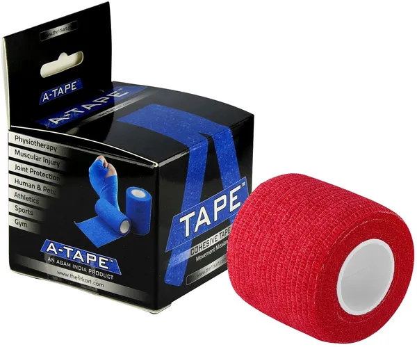 A-TAPE_Breathable_Self_Adhesive_Cohesive_Bandage_�_for_Sports,_Wrap,_Athletic,_Non_Woven_First_Aid_Medical,_Wrist,_Swelling_(5_cm_X_4.5_mtr-_Pack_of_6)_Beige_&_Red_Cotton,_Crepe_Bandage_(5_cm)