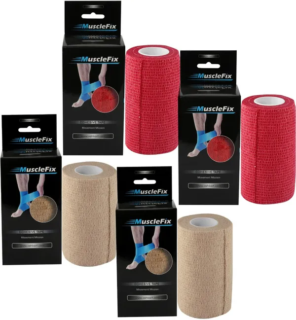MuscleFix_Cohesive_Crepe_Bandage,_Self_Adhesive_Tape_(10_cm_X_4.5_m_Pack_of_4)_Beige_&_Red_Crepe_Bandage_(10_cm)