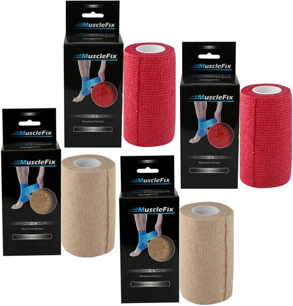MuscleFix_Cohesive_Crepe_Bandage,_Self_Adhesive_Tape_(10_cm_X_4.5_m_Pack_of_4)_Red_&_Beige_Crepe_Bandage_(10_cm)