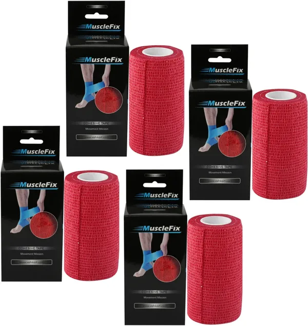 MuscleFix_Cohesive_Crepe_Bandage,_Elastic_Self_Adhesive_Tape_(10_cm_X_4.5_m_Pack_of_4)_Red_Crepe_Bandage