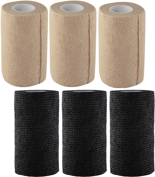 A-TAPE_Breathable_Self_Adhesive_Cohesive_Bandage_�_for_Sports,_Wrap,_Athletic,_Non_Woven_First_Aid_Medical,_Wrist,_Swelling_(10_cm_X_4.5_mtr-_Pack_of_6)_Beige_&_Black_,_Cotton_Crepe_Bandage