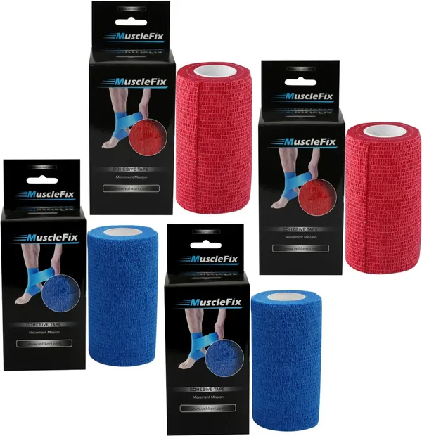 MuscleFix_Cohesive_Crepe_Bandage,_Self_Adhesive_Tape_(10_cm_X_4.5_m_Pack_of_4)_Blue_&_Red_Crepe_Bandage