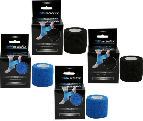 MuscleFix_Cohesive_Crepe_Bandage,_Self_Adhesive_Tape_(5_cm_X_4.5_m_Pack_of_4)Blue_&_Black_Crepe_Bandage_(5_cm)