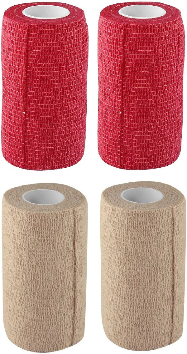 A-TAPE_Self_Adhesive_Bandage_Cohesive_Red_&_Beige_(10_cm_X_4.5_meters,_Pack_of_4)_Elastic_Crepe_Bandage