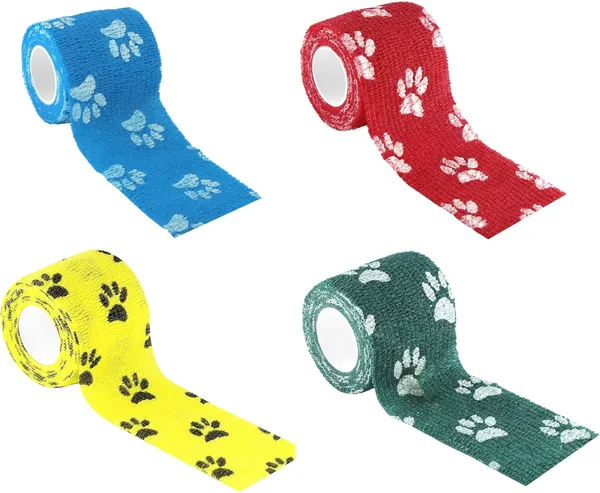 A-TAPE_Self_Adhesive_Bandage_Cohesive_Red,_Blue,_Green_&_Yellow_Paw_Design_(5_cm_X_4.5_meters,_Pack_of_4)_Elastic_Crepe_Bandage