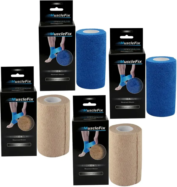 MuscleFix_Cohesive_Crepe_Bandage,_Self_Adhesive_Tape_(10_cm_X_4.5_m_Pack_of_4)Blue_&_Beige_Crepe_Bandage