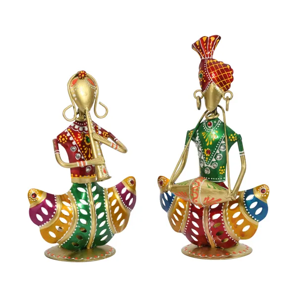 Set_of_2_Rajasthani_Metal_Musician_Playing_Instrument_Home_Decor_Multicolor_Showpiece_with_Candle_Holder_|_Office_|_Bedroom_|_Gifting_|_Table_Top_Decor