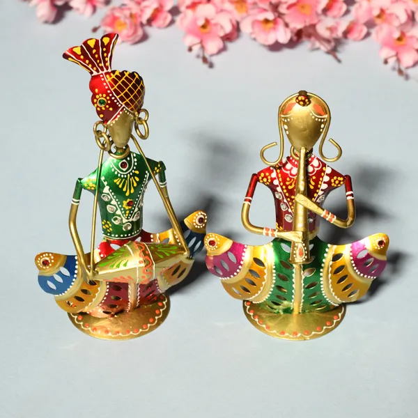 Set_of_2_Rajasthani_Metal_Musician_Playing_Instrument_Home_Decor_Multicolor_Showpiece_with_Candle_Holder_|_Office_|_Bedroom_|_Gifting_|_Table_Top_Decor