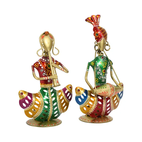 Set_of_2_Rajasthani_Metal_Musician_Playing_Instrument_Home_Decor_Multicolor_Showpiece_with_Candle_Holder_|_Office_|_Bedroom_|_Gifting_|_Table_Top_Decor