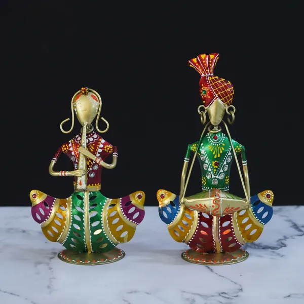 Set_of_2_Rajasthani_Metal_Musician_Playing_Instrument_Home_Decor_Multicolor_Showpiece_with_Candle_Holder_|_Office_|_Bedroom_|_Gifting_|_Table_Top_Decor