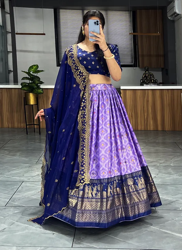 Lovender_Color_Dola_Silk_Printed_Bandhani_Lehenga_Choli_with_Heavy_Embroidery_on_Dupatta