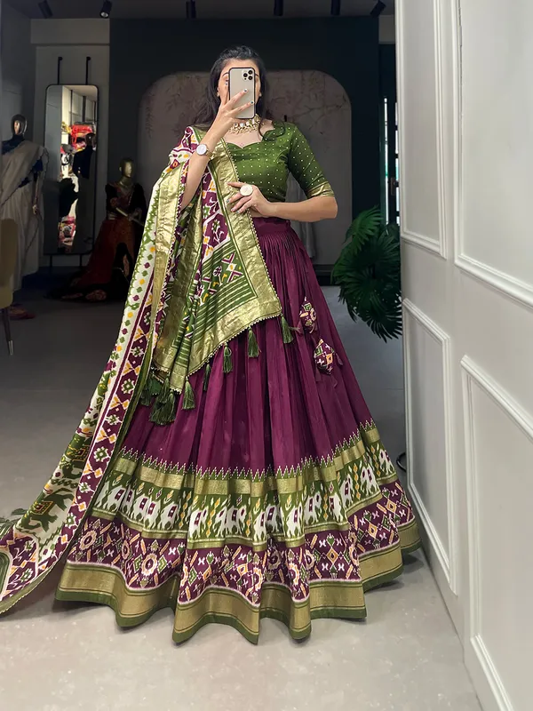 Womens Wine Dola Silk With Foil Print Lehenga Choli Set