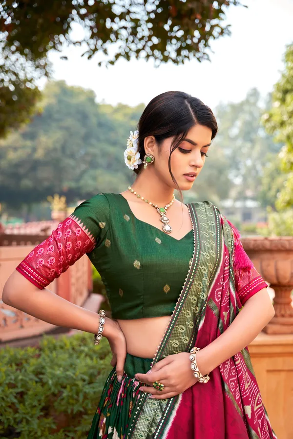 Tussar_Silk_Green_Fabulously_Patola_Printed_Stitched_Lehenga_&_Blouse_With_Dupatta