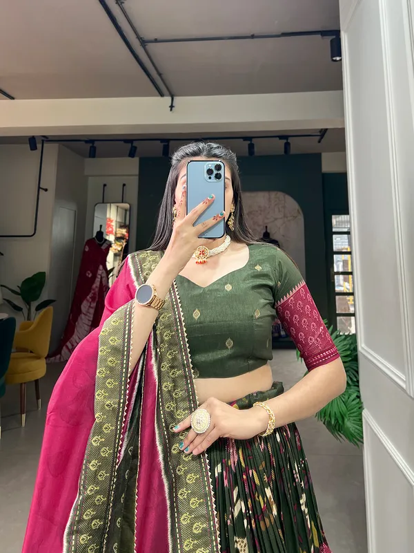Tussar_Silk_Green_Fabulously_Patola_Printed_Stitched_Lehenga_&_Blouse_With_Dupatta