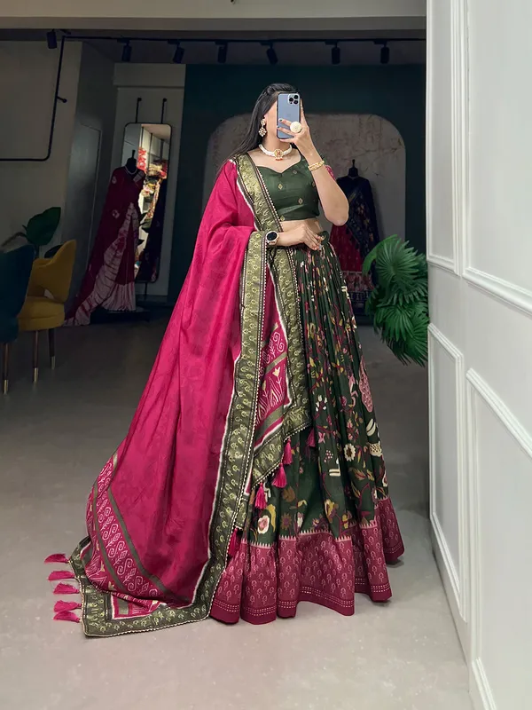 Tussar_Silk_Green_Fabulously_Patola_Printed_Stitched_Lehenga_&_Blouse_With_Dupatta