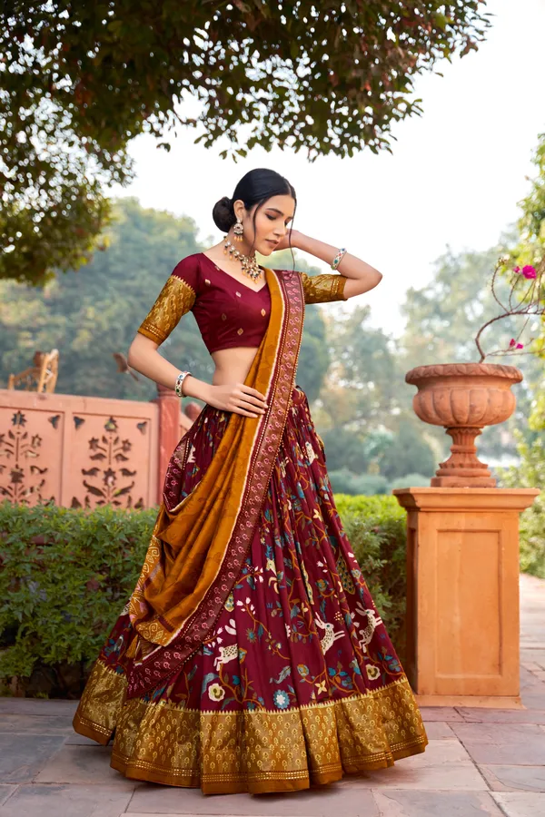 Tussar_Silk_Maroon_Fabulously_Patola_Printed_Stitched_Lehenga_&_Blouse_With_Dupatta
