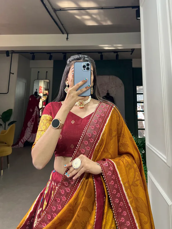 Tussar_Silk_Maroon_Fabulously_Patola_Printed_Stitched_Lehenga_&_Blouse_With_Dupatta