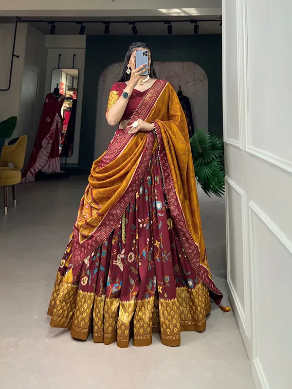 Tussar_Silk_Maroon_Fabulously_Patola_Printed_Stitched_Lehenga_&_Blouse_With_Dupatta